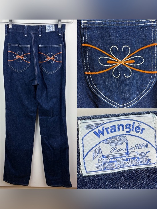 Vintage Denim - Vintage 70s Wrangler Clover Embroidered Groovy High Rise Straight Leg Jeans Blue